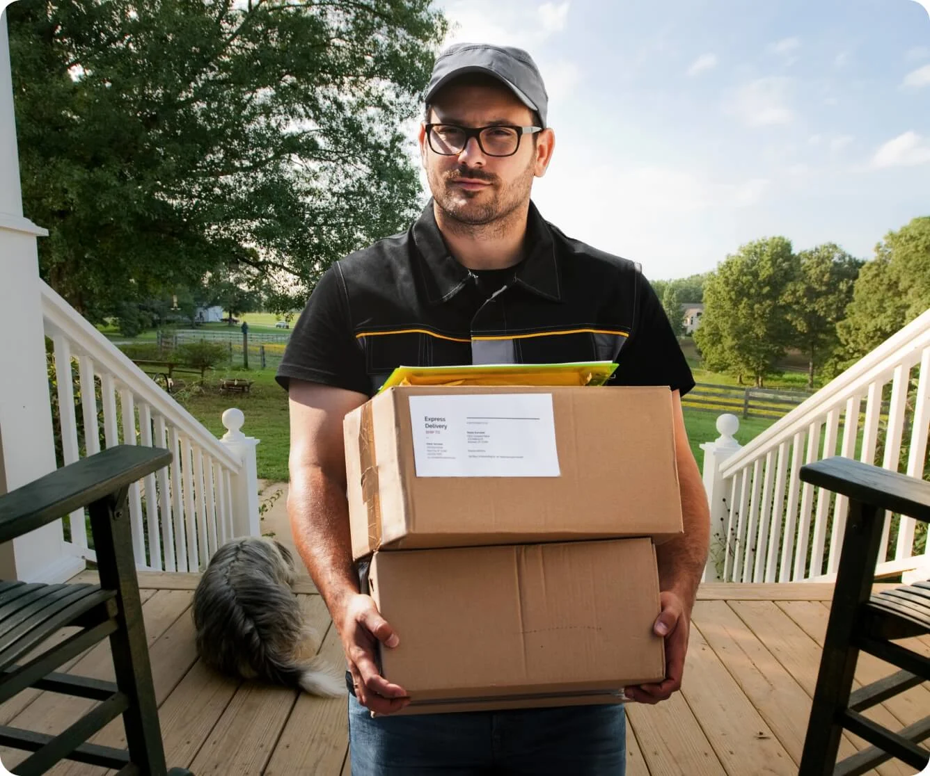 Delivery person holding packages on front porch