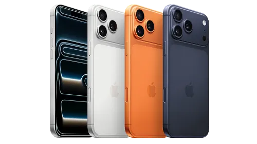 Four iPhone 17 Pro Max phones in Silver, Cosmic Orange and Deep Blue; one front view shows the display and three back views display the colour and camera.