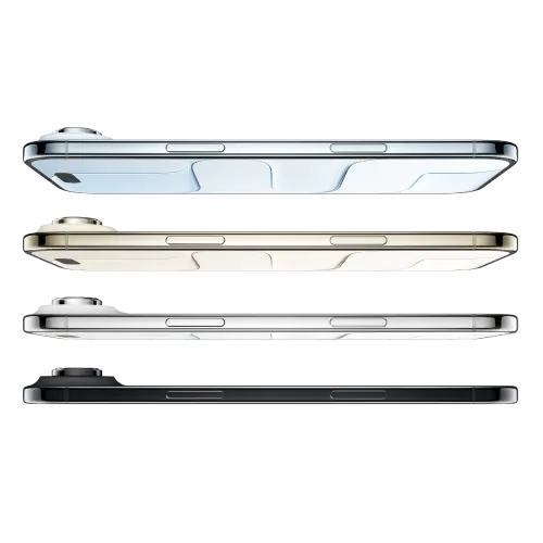 Vue latérale de quatre téléphones intelligents iPhone Air ultrafins placés horizontalement.