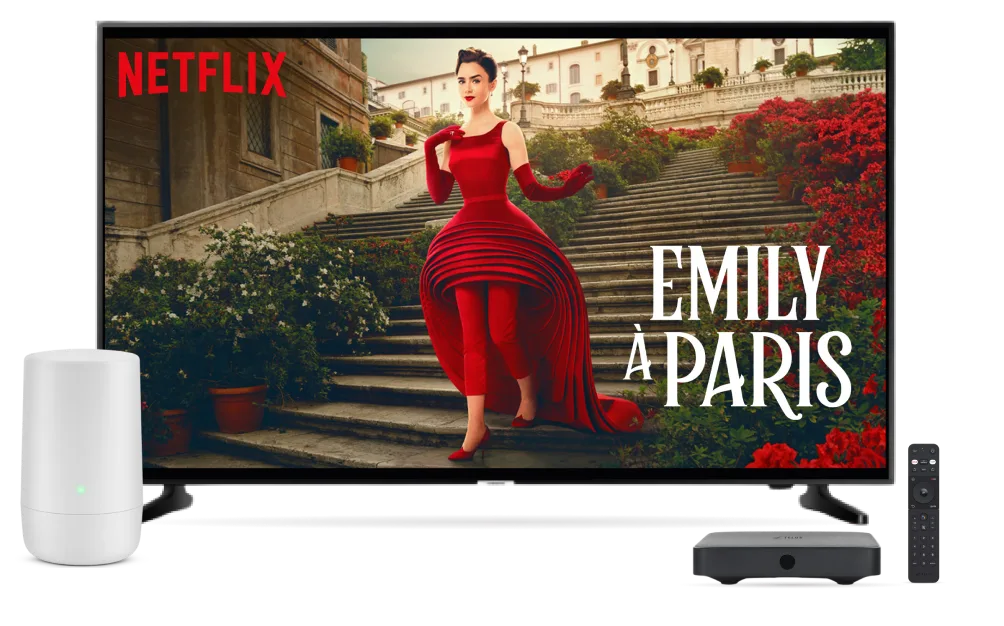 An image showing the Netflix series "Emily in Paris" on a 4k TV screen with an Internet Hub, TV Box and remote control on the foreground.