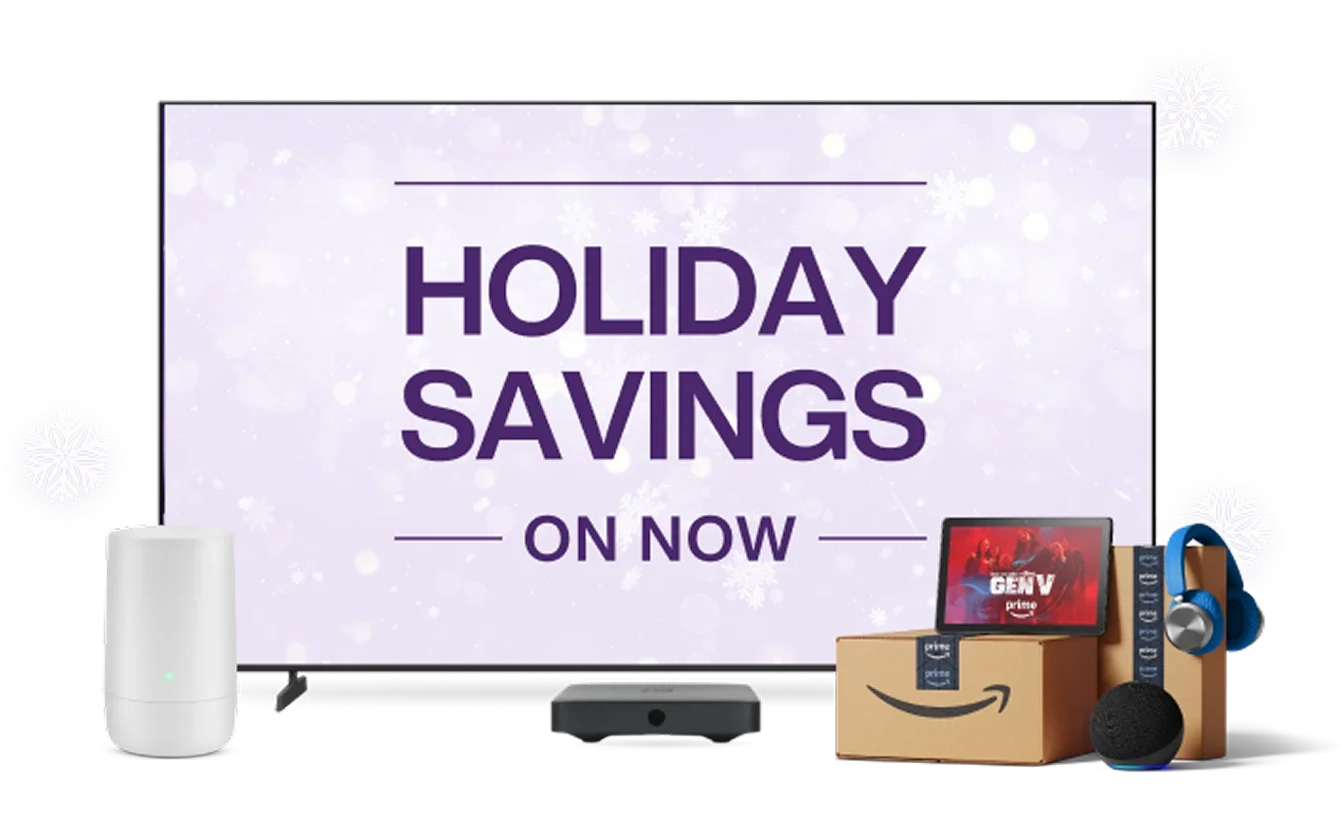 A TV, TELUS modem, tablet and Amazon parcels. The TV screen displays a text “HOLIDAY SAVINGS on now”.