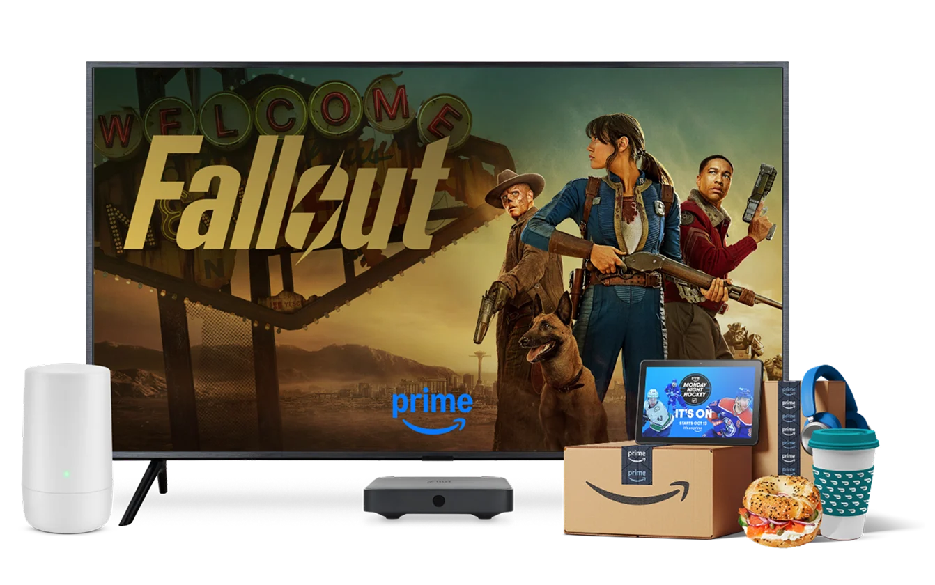 A TV, tablet, TELUS modem, digital box and Amazon parcels. The TV displays the poster for The Fallout.