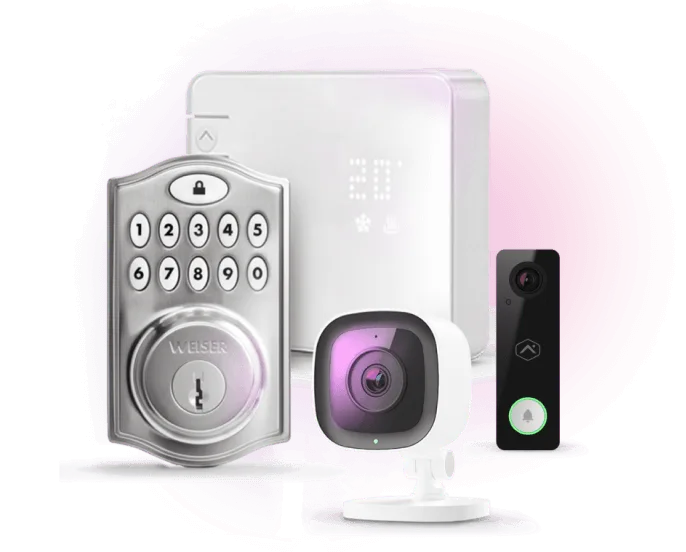 A TELUS SmartHome Security Lion is near smart home devices like Smart Locks, Smart Thermostats, Indoor Security Camera, and Slimline Doorbell Camera. 