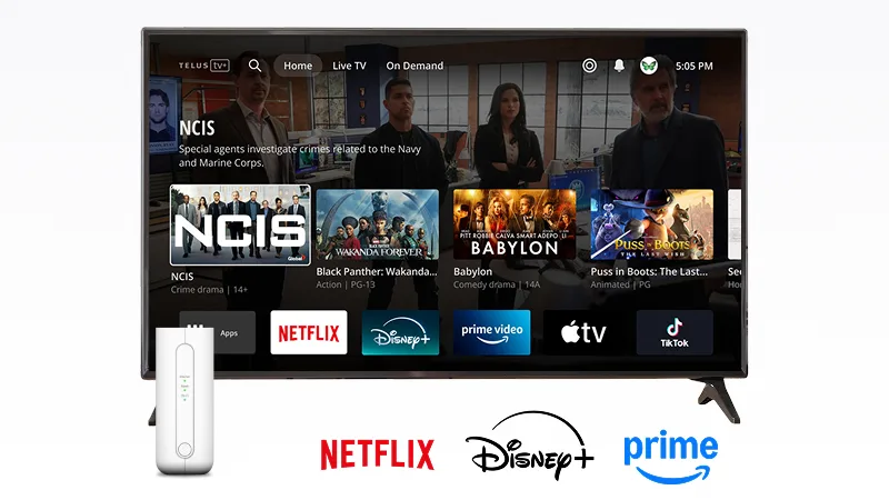 A TV displaying the TELUS TV+ Home screen. Below the TV are the logos of Netflix, Disney+ and Amazon Prime.