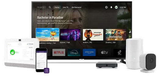 TV with streaming options, tablet, smartphone, and smart home devices.