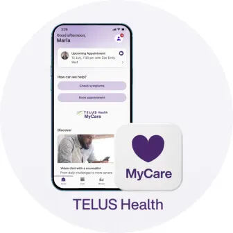 phone with TELUS Health MyCare app on screen and MyCare badge beside it