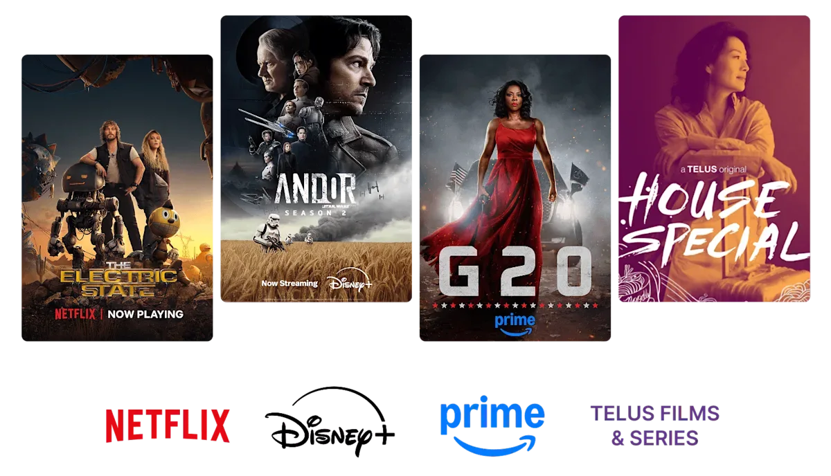 Plusieurs affiches de séries populaires diffusées sur Netflix, Disney+ et Prime Video