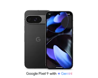 Google Pixel 9 smartphone in dark gray showing back view with camera bar and blue/black wallpaper display, featuring Gemini branding.