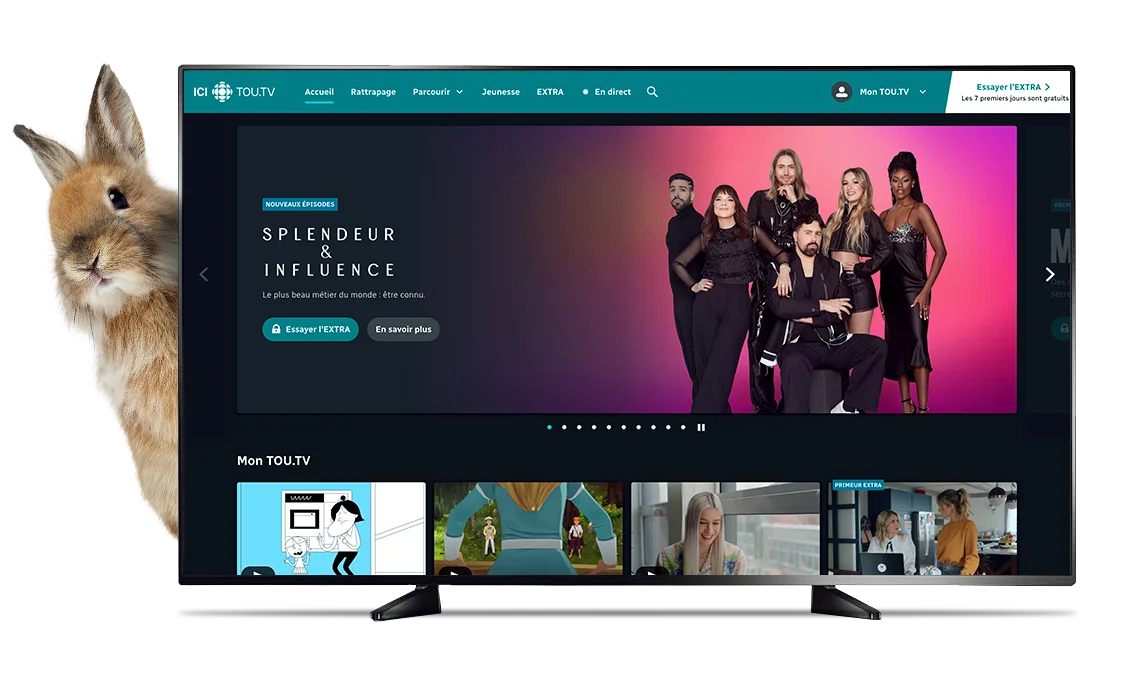 TV with ICI TOU.TV EXTRA interface, featuring new series and movie titles