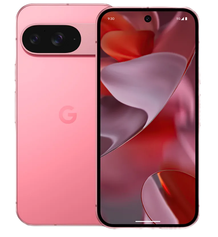 Front and back view of Pixel 9 in Peony.