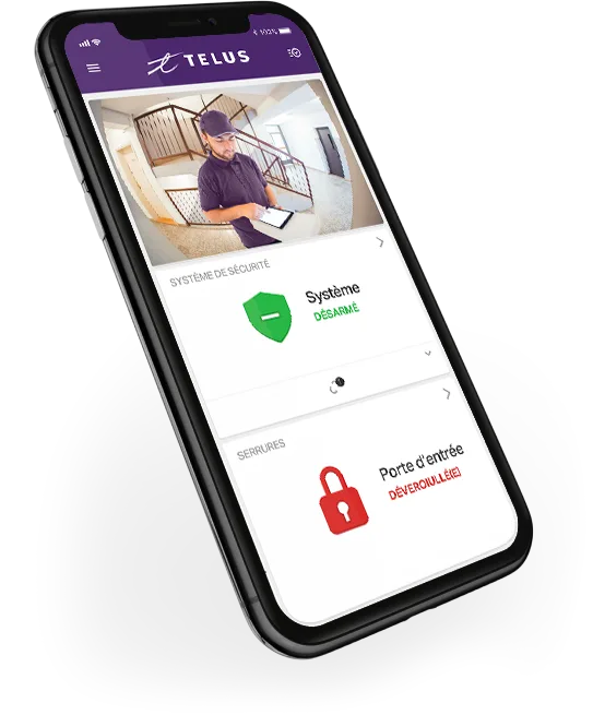 L'application Maison connectée Telus sur un appareil mobile avec des fonctions de caméra de sécurité et de verrouillage de porte.