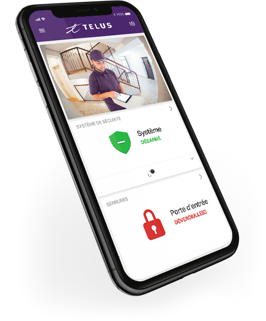 L'application Maison connectée Telus sur un appareil mobile avec des fonctions de caméra de sécurité et de verrouillage de porte.