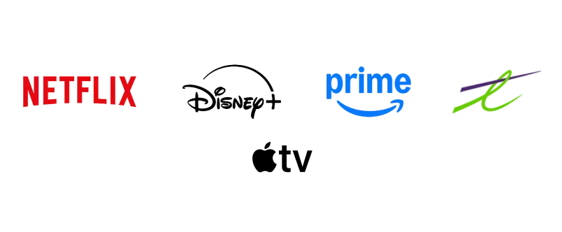 Collection of popular streaming service logos including Netflix, Disney+, Prime Video, TELUS originals and Apple TV.