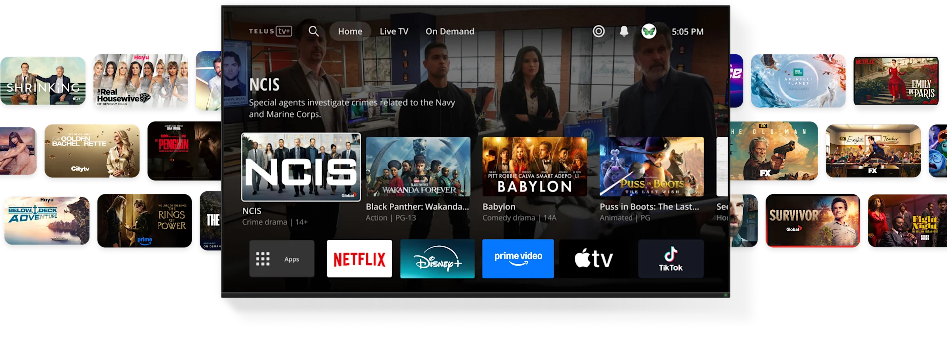 TELUS TV+ interface showing TV shows, movies, and streaming app icons including Netflix, Disney+, Prime Video, and Apple TV.