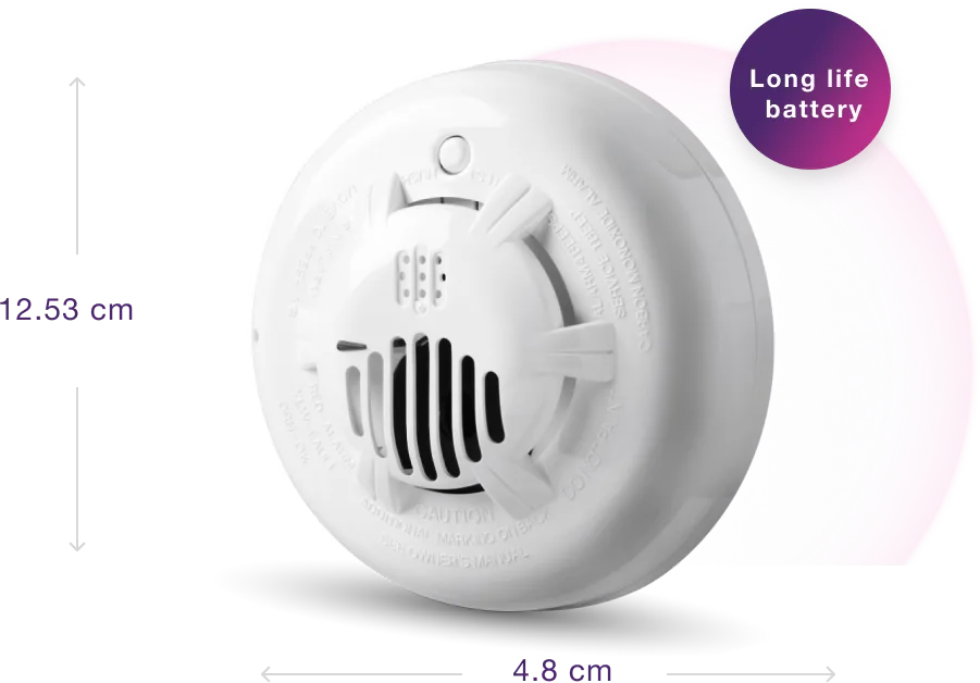 Showing the measurements of the Smart Carbon Monoxide Detector, 12.53cm x 4.8cm, and that it has a long life battery.