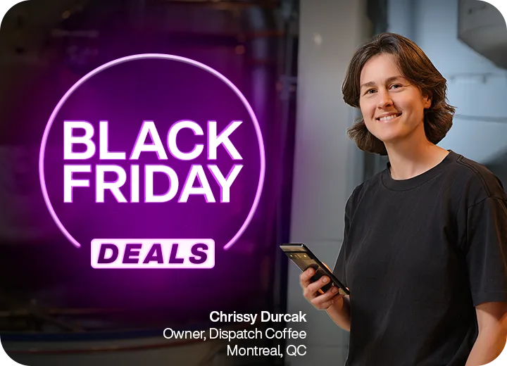 Women holding her phone. Badge reading “Black Friday Deals”.