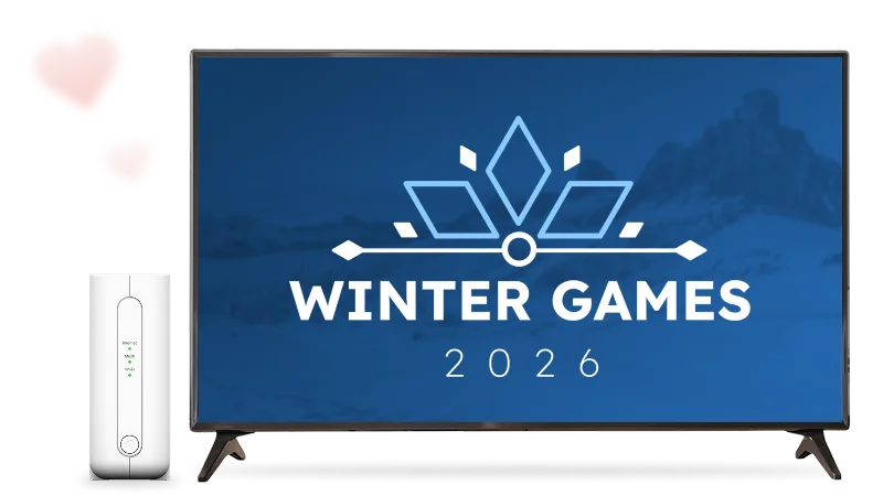 A TV and TELUS modem. The TV screen displays the text “Winter Games 2026”.