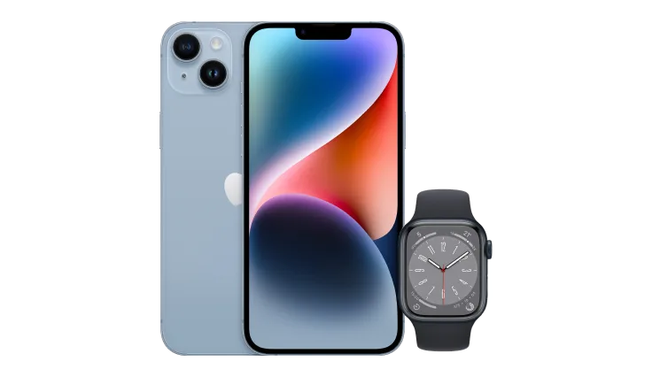 Back and front view of an iPhone 14 in blue with an Apple Watch Series 8 in Midnight Aluminium Case with Midnight Sport Band.

