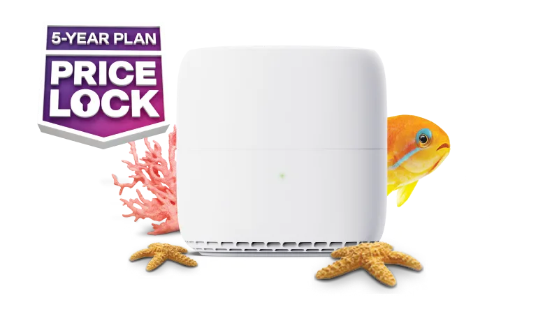 White Wi-Fi router surrounded by coral, starfish, and an orange fish, with a "5-Year Plan Price Lock" badge.