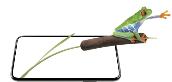 A 3D graphic of a TELUS frog popping out of a smartphone screen. The frog is sitting on a lily pad.