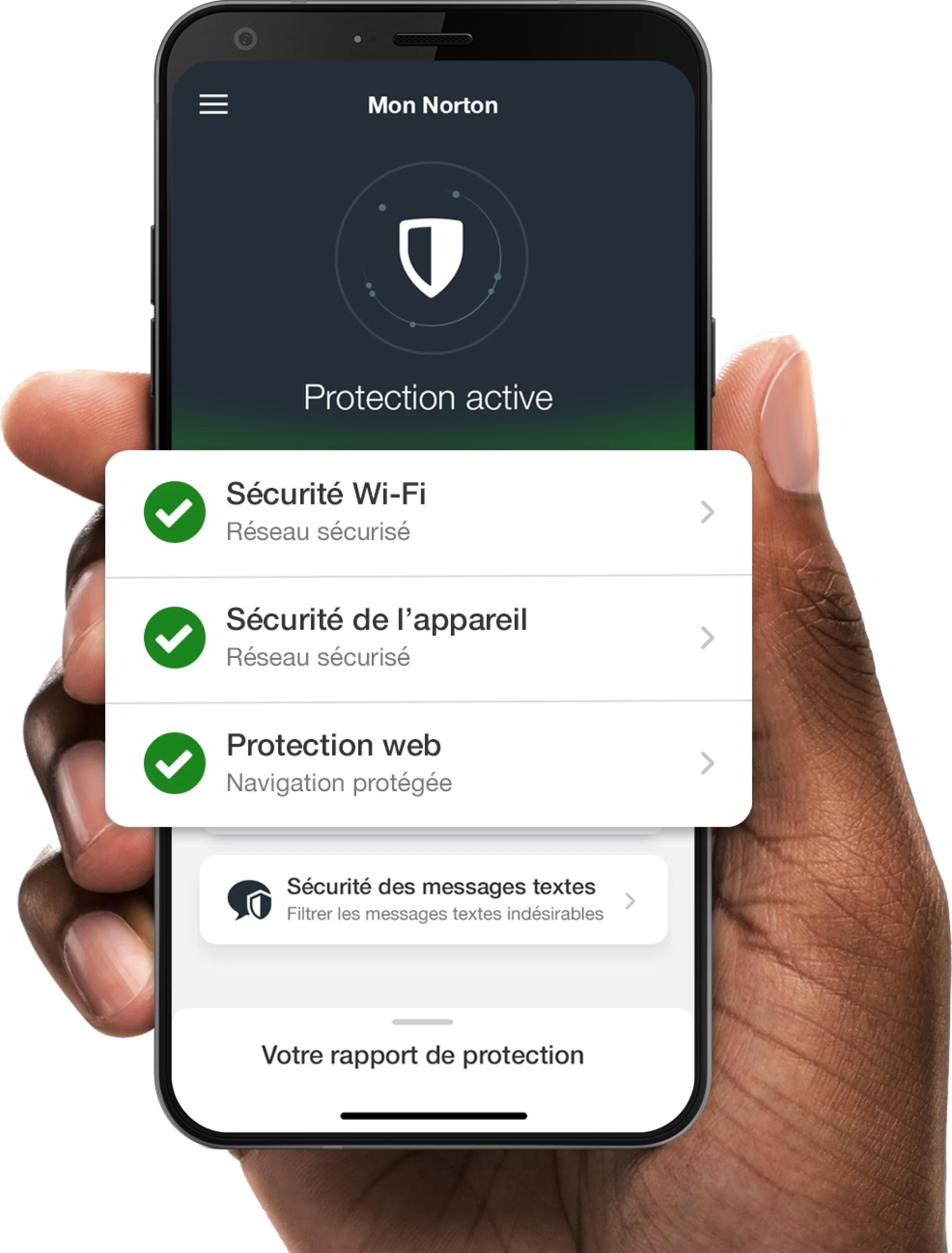 Un téléphone avec l’écran de l’appli Mon Norton montrant un réseau sécurisé, des appareils sécurisés et la protection web.