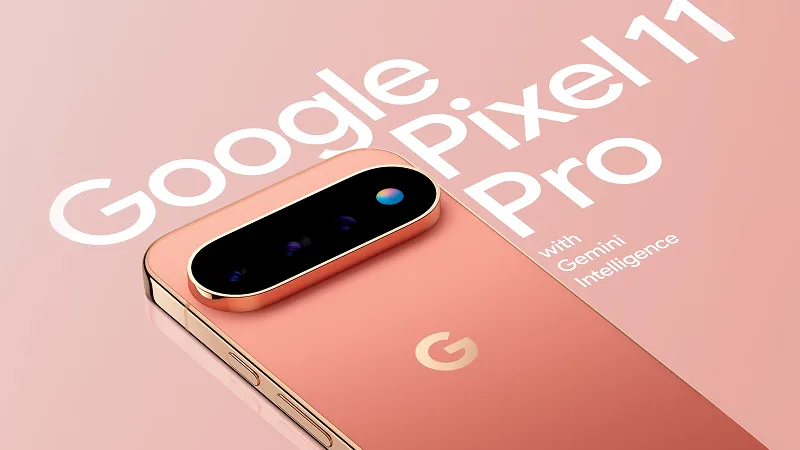 Back view of the Google Pixel 11 Pro in Canyon with text above that reads “Google Pixel 11 Pro with Gemini Intelligence”.