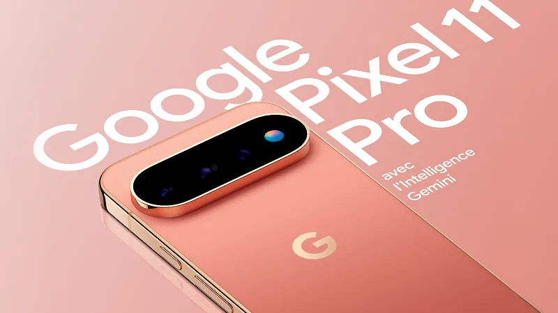 Vue arrière du Google Pixel 11 Pro couleur Canyon avec le texte « Google Pixel 11 Pro avec l’intelligence Gemini ».