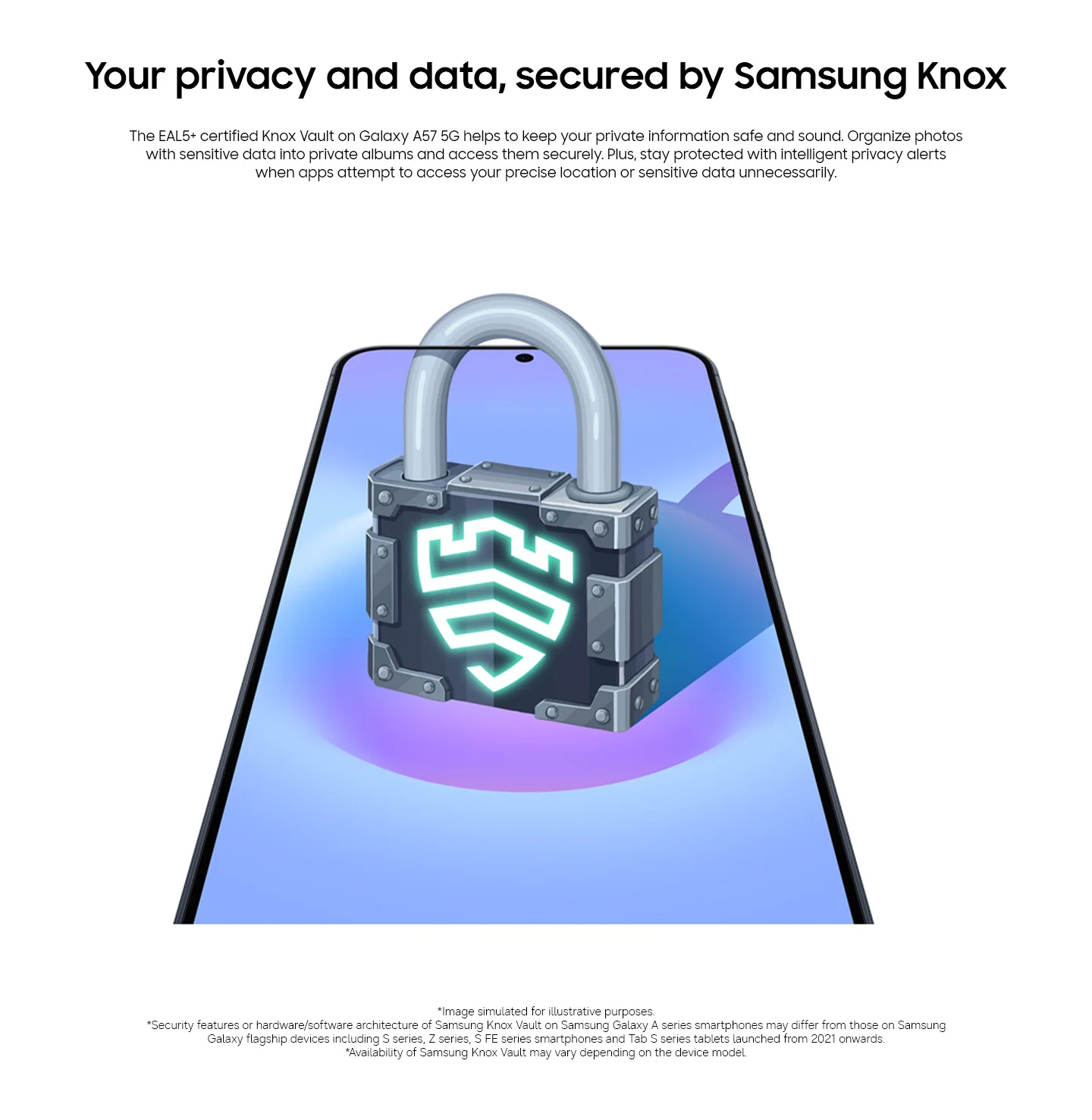 A graphic shows the EAL5+ certified Knox Vault on Galaxy A56 5G that helps to keep your private information safe.