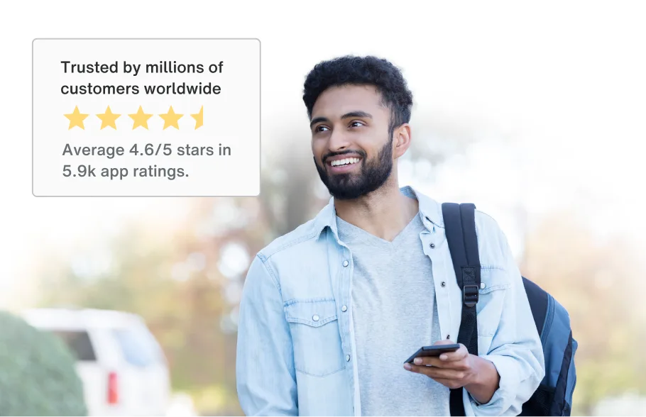 In the image, a young man is smiling while holding a smartphone in his hand. A text box next to him reads: "Trusted by millions of customers worldwide. Average 4.6/5 stars in 5.9k app ratings."