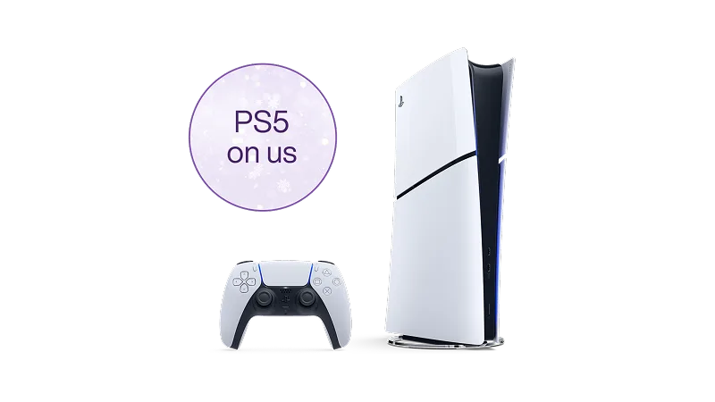 A PlayStation 5 console and remote. A roundel reads “PS5 on us”.