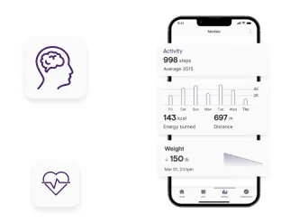Une application affichant un écran d'application de conditionnement physique affiché à côté d'icônes. illustrant la santé mentale et la santé personnelle.