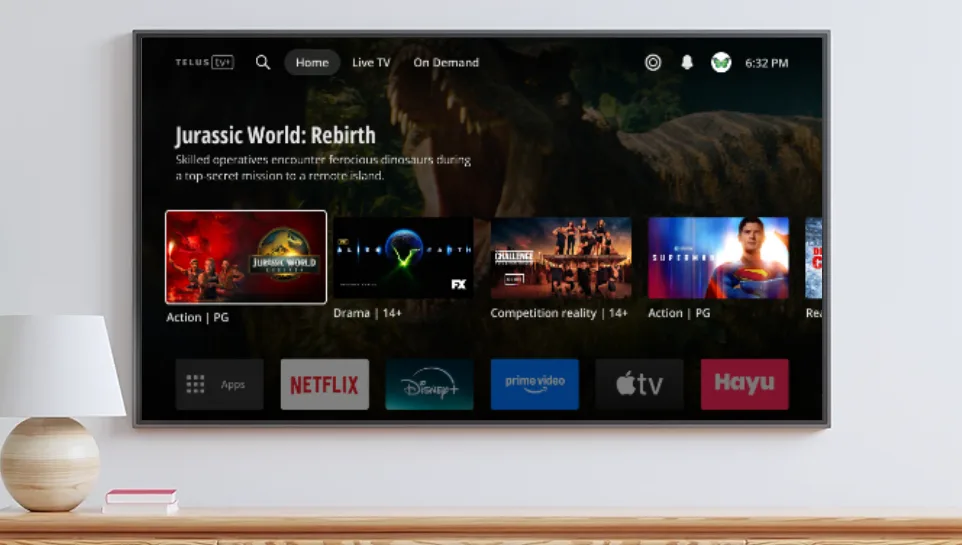Living room with a wall-mounted TV displaying the TELUS TV home screen that includes shows and various streaming apps, all on one screen.