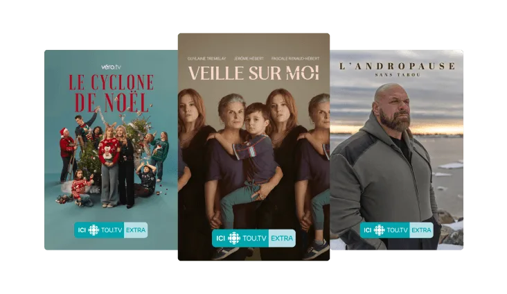 Trois affiches de films populaires, en exclusivité sur ICI TOU.TV EXTRA : Cyclone de Noël, Veille sur moi et L'andropause sans tabou.