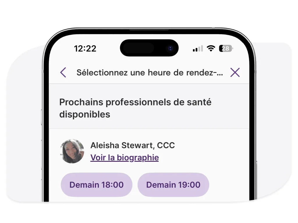 Écran de l'application mobile Mes Soins TELUS Santé affichant les fournisseurs disponibles et les plages horaires.