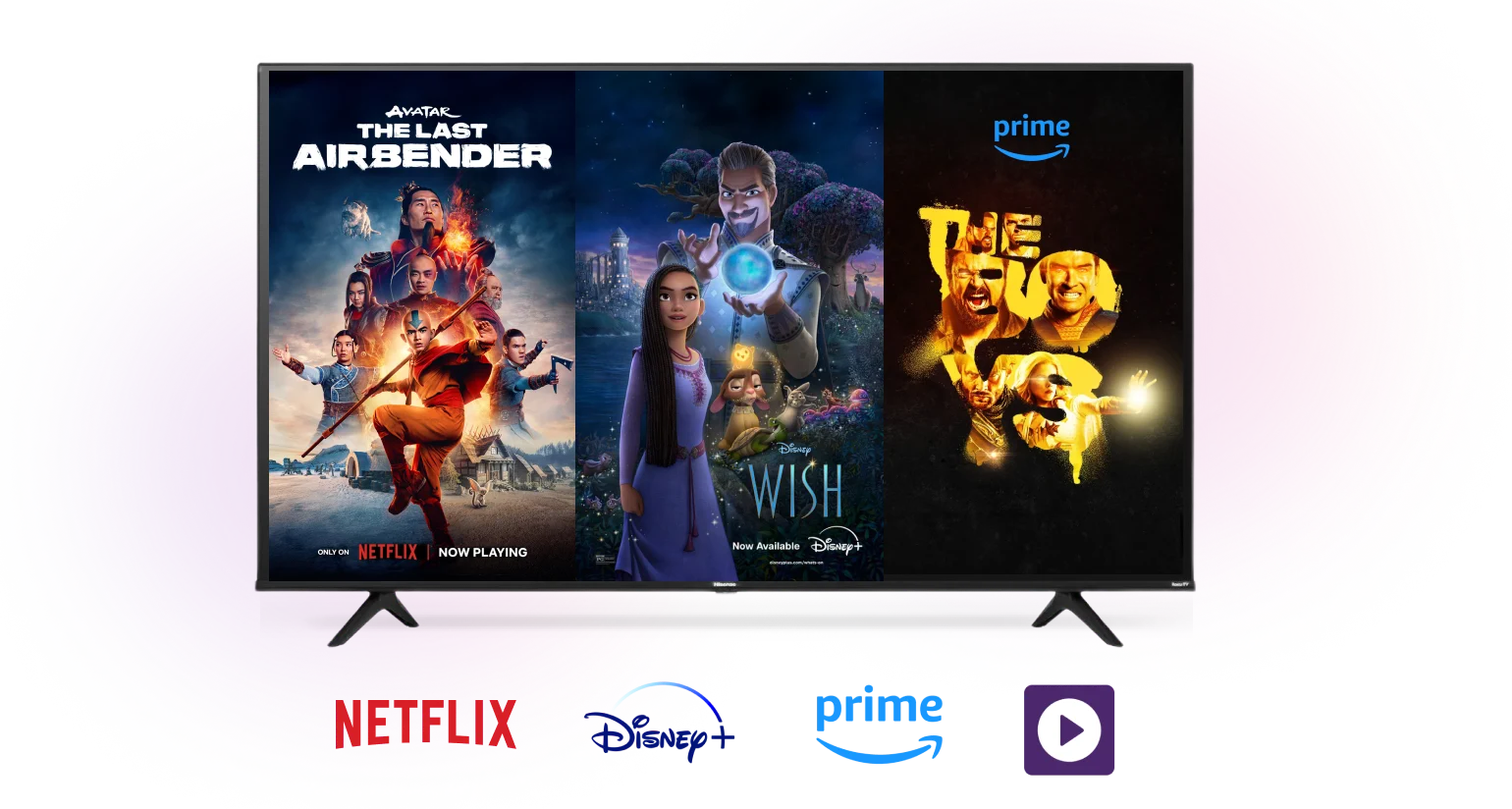 A TV screen showing posters for the Netflix series The Last Airbender, the Disney+ film Wish and the Prime series The Boys. Netflix, Disney+, Amazon Prime and Stream+ logos.