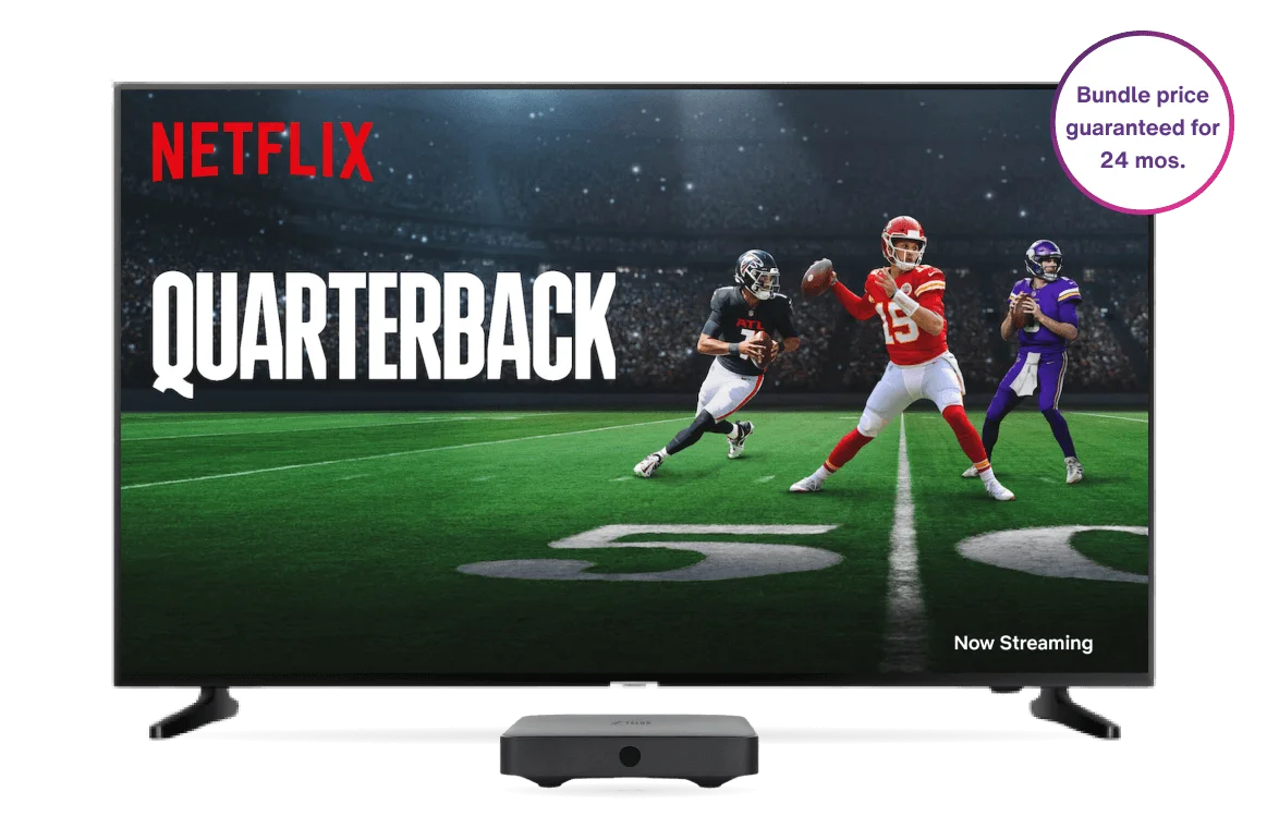 A text box reads "Save $240 over 2 years" next to a TV displaying a visual for Quarterback, a Netflix original show.