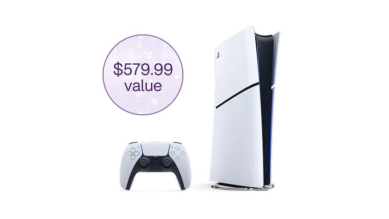 A PlayStation 5 console and remote. A roundel reads “$579.99 value”.