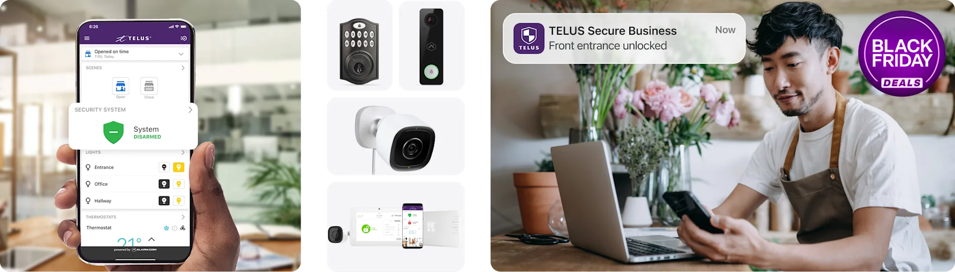 Phone showcasing the TELUS Secure Business app. A roundel reads "Black Friday Deals"