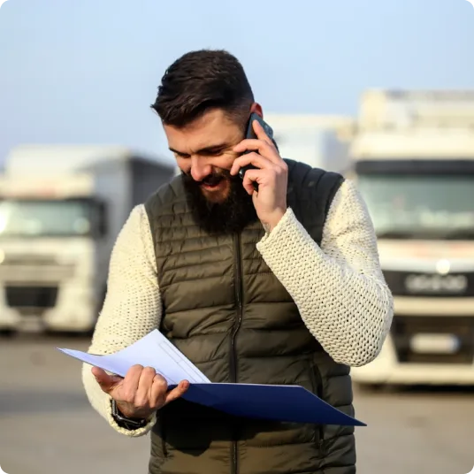 A driver in front of trucks talking on the phone.