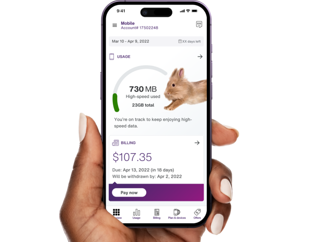 A hand holds a smartphone, with a screen displaying a customer’s bill on the My TELUS app.