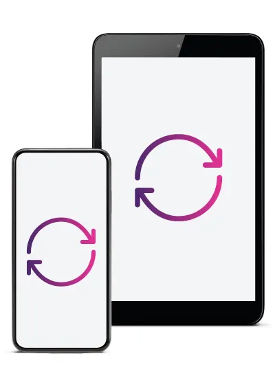 Deux graphiques ; un smartphone et une tablette. Les deux écrans affichent l’icône de recyclage représentant deux flèches dans un cercle.