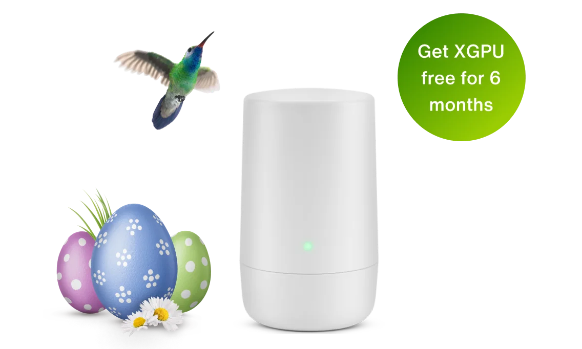 An image showing a easter egg theme and a hummingbird hovers next to a TELUS modem with a roundel saying "Get XGPU free for 6 months".