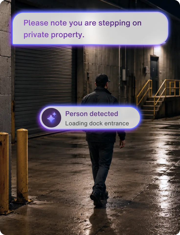 Security alert showing a person walking near a loading dock at night with AI detection notification overlay.