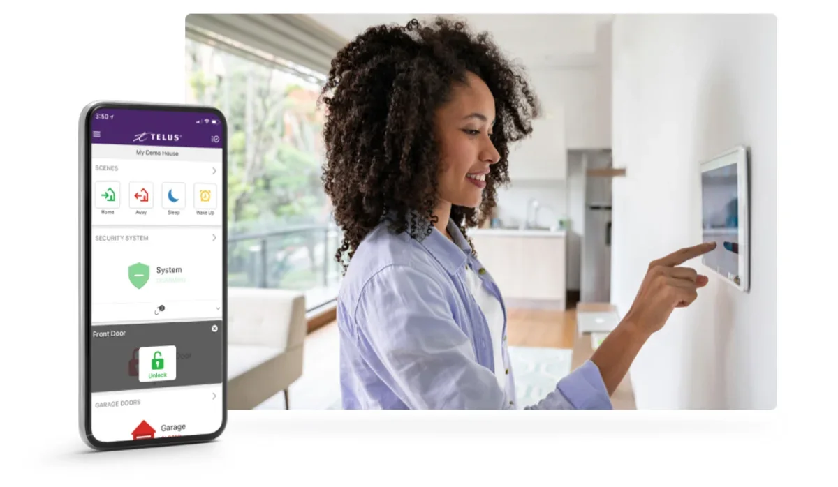 An image showing a woman using a SmartHome Security device dashboard and a mobile phone on the foreground.