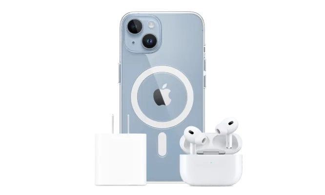 Front view of a wall charger, iPhone 15 with a clear MagSafe case and a pair of AirPods Pro (2nd generation).
