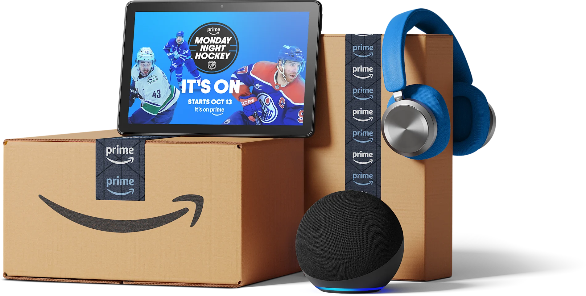 Several Amazon Prime delivery boxes surround a tablet screen. On the tablet, hockey players are positioned around a “Prime Monday Night Hockey” badge