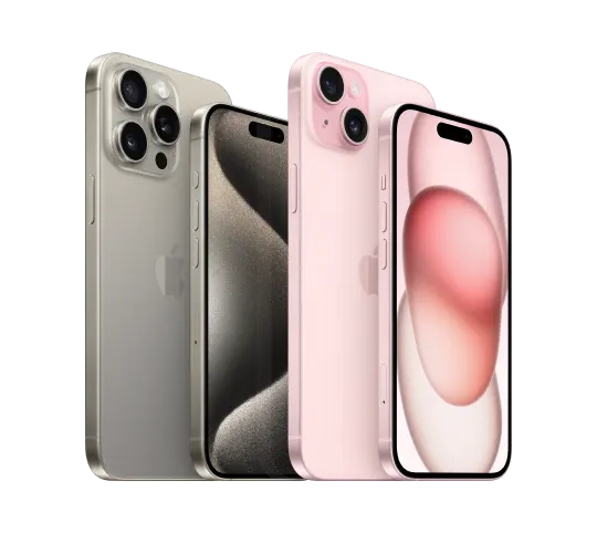 Vue arrière et avant des téléphones iPhone 15 Pro et iPhone 15 de couleur titane naturel et rose.