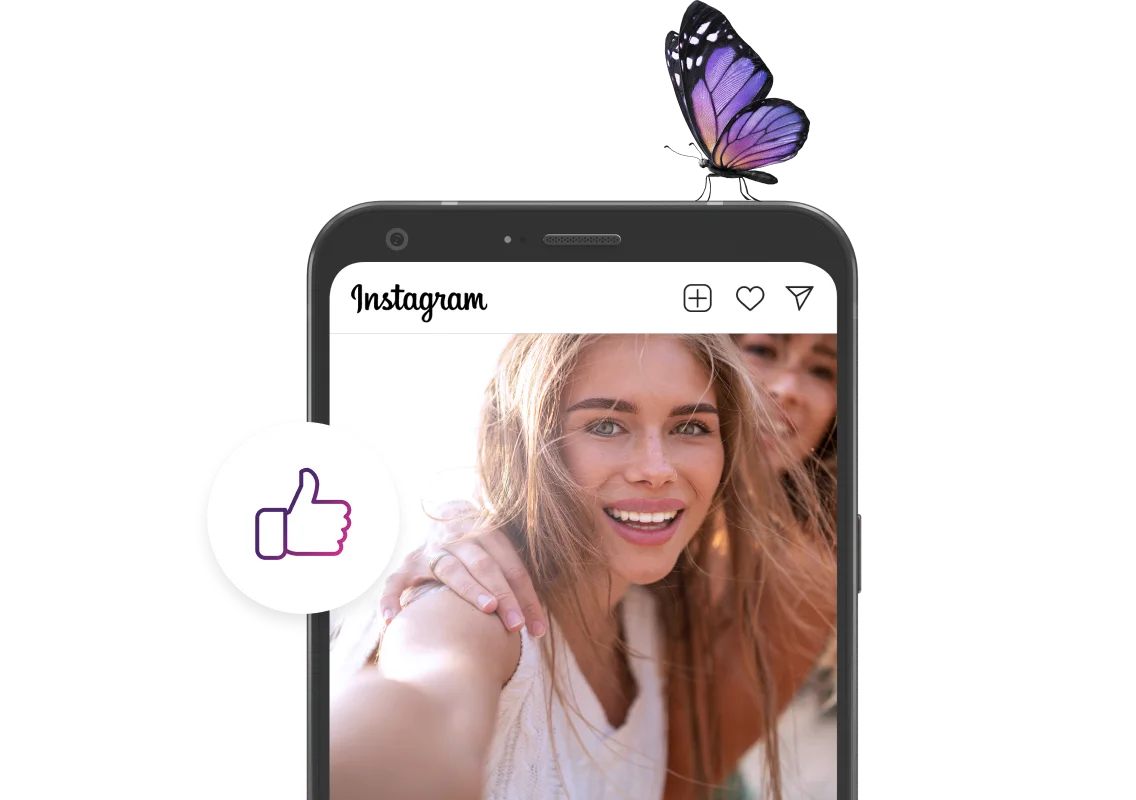 Un téléphone intelligent affichant une icône de pouce levé et le logo de l’application Instagram. 