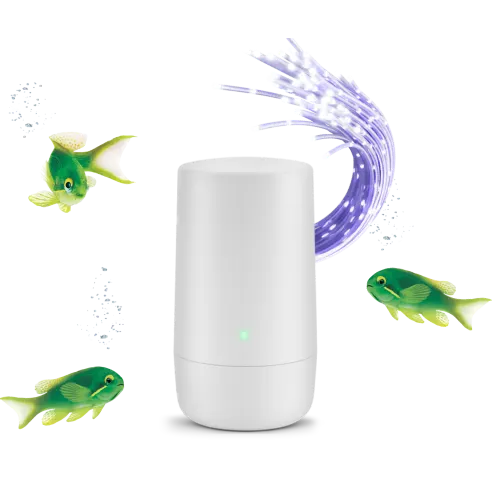 Three green fish swimming around a TELUS modem. A blue fibre optic cable stretches behind the modem.
