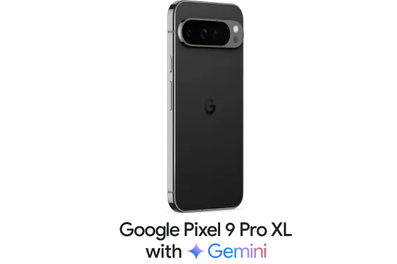 The front and back view of the Google Pixel 9 Pro XL in Obsidian. Below, is a logo that reads “Google Pixel 9 Pro XL with Gemini”.